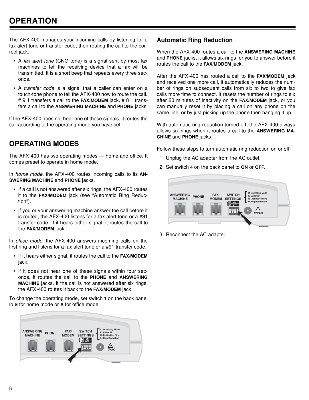 Radio Shack AFX-400 owner manual Operation, Operating Modes, Automatic Ring Reduction, Illustration, switch 1 location 