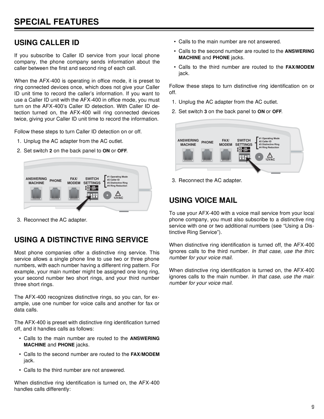 Radio Shack AFX-400 owner manual Special Features, Using Caller Id, Using A Distinctive Ring Service, Using Voice Mail 