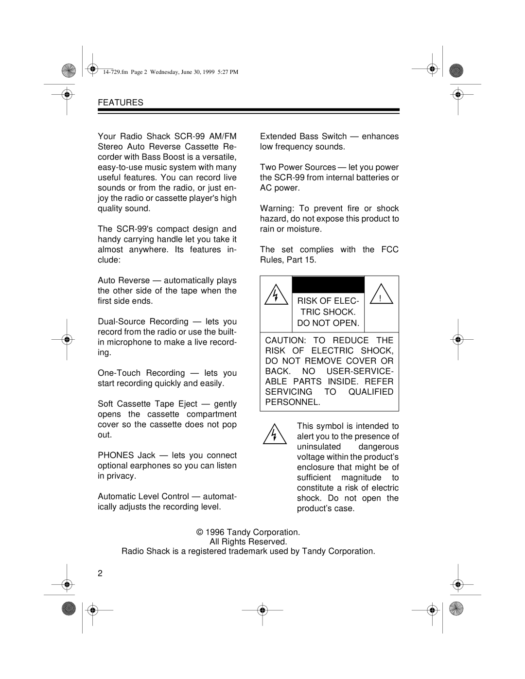 Radio Shack AM/FM Stereo Auto Reverse Cassette Recorder owner manual Features, Risk of Elec, Tric Shock Do not Open 