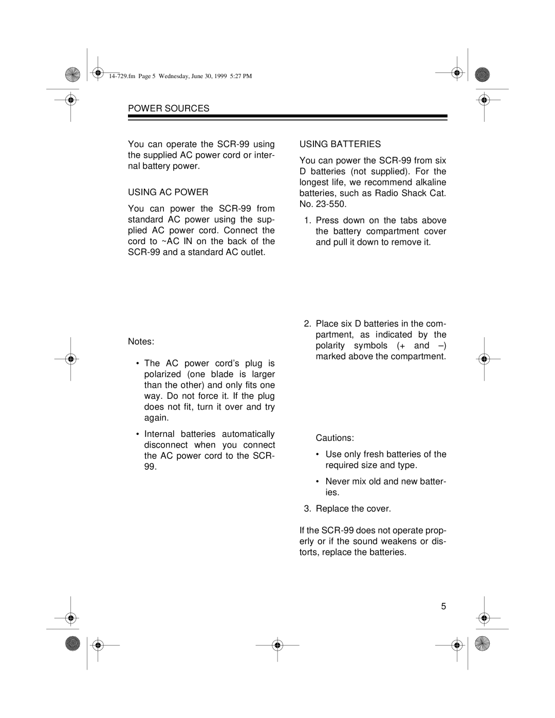 Radio Shack AM/FM Stereo Auto Reverse Cassette Recorder owner manual Power Sources, Using AC Power, Using Batteries 