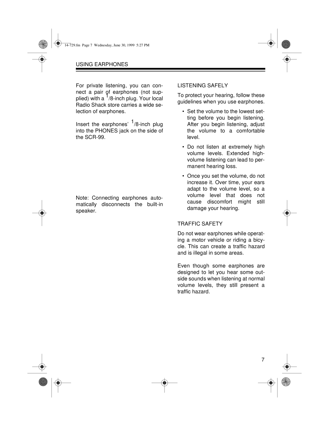 Radio Shack AM/FM Stereo Auto Reverse Cassette Recorder owner manual Using Earphones, Listening Safely, Traffic Safety 