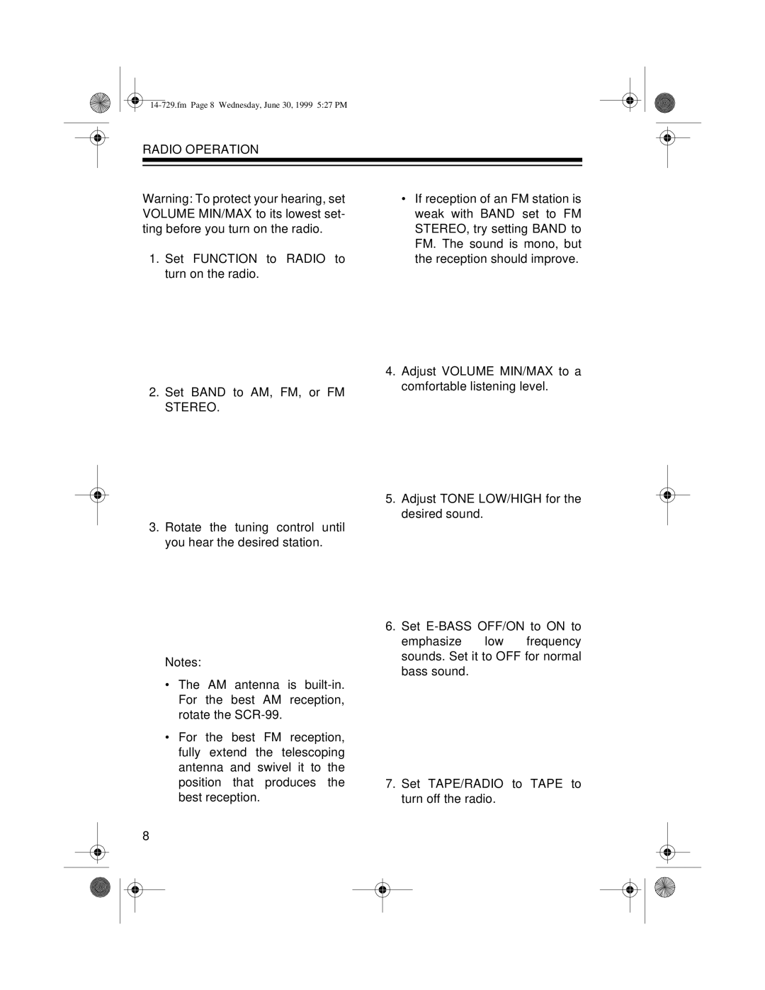 Radio Shack AM/FM Stereo Auto Reverse Cassette Recorder owner manual Radio Operation 