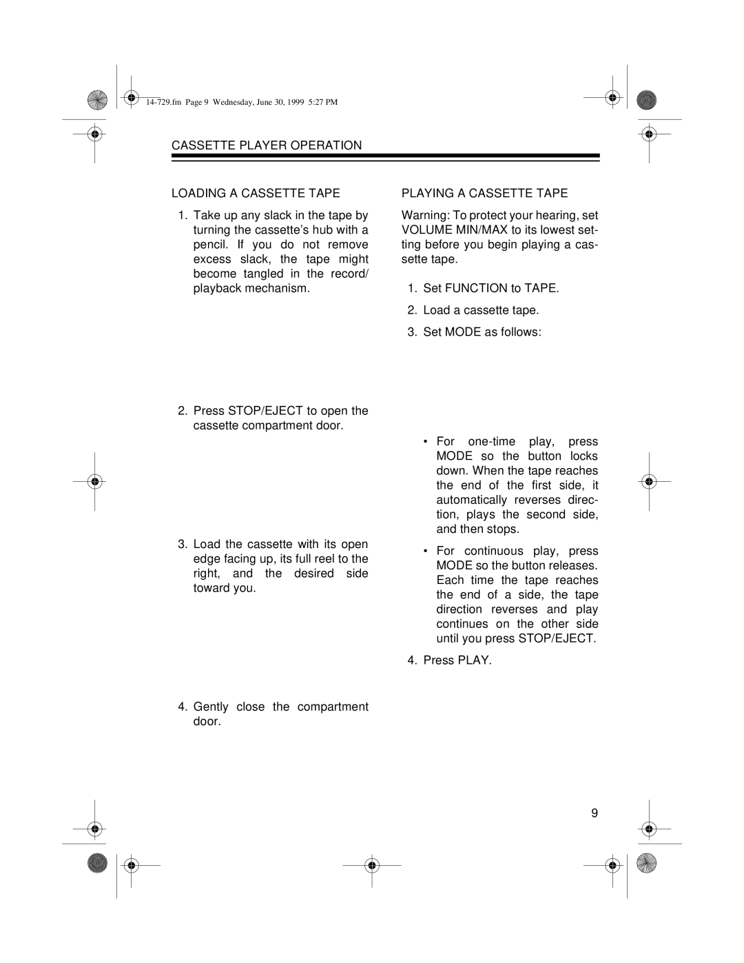 Radio Shack AM/FM Stereo Auto Reverse Cassette Recorder owner manual Cassette Player Operation Loading a Cassette Tape 