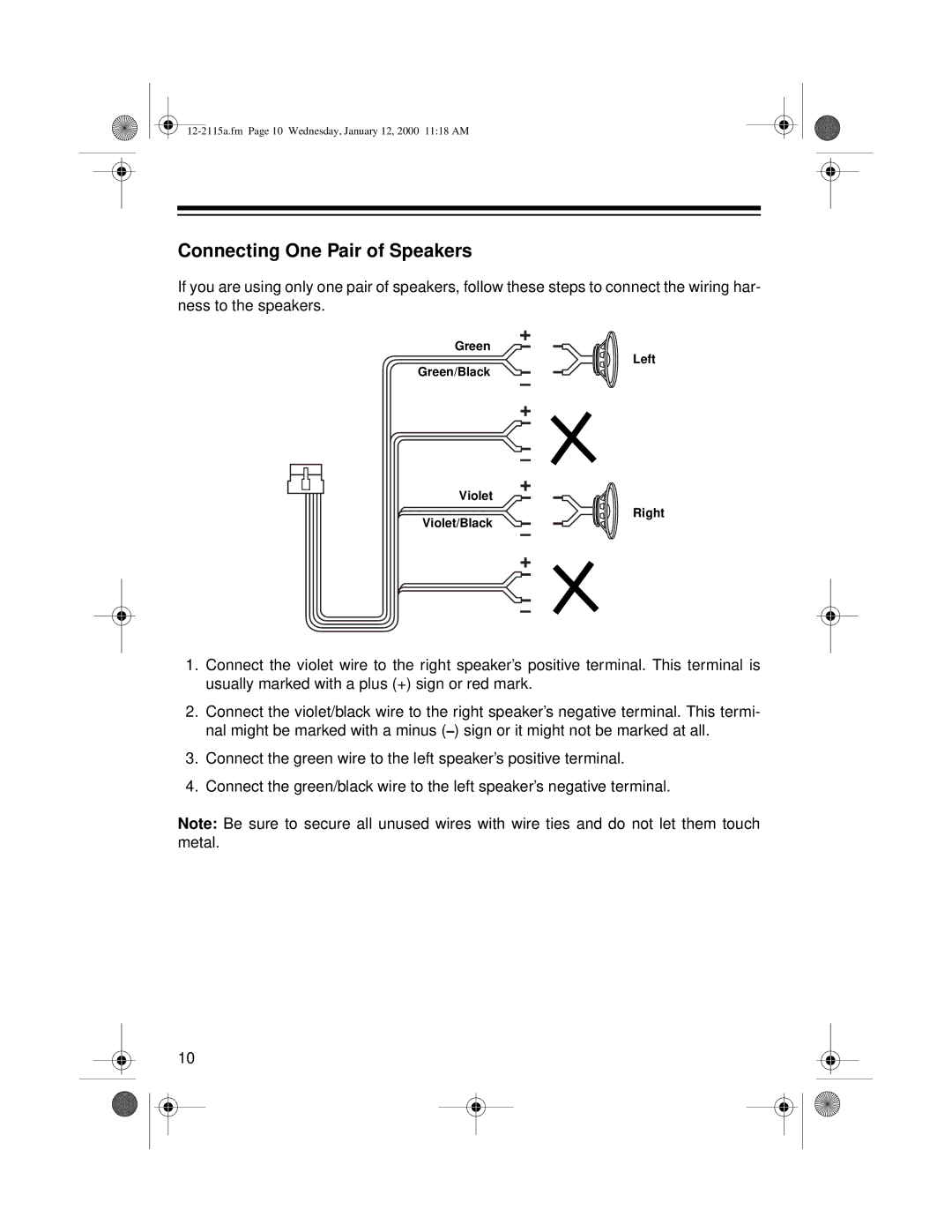 Radio Shack AM/FM Stereo Cassette owner manual Connecting One Pair of Speakers 