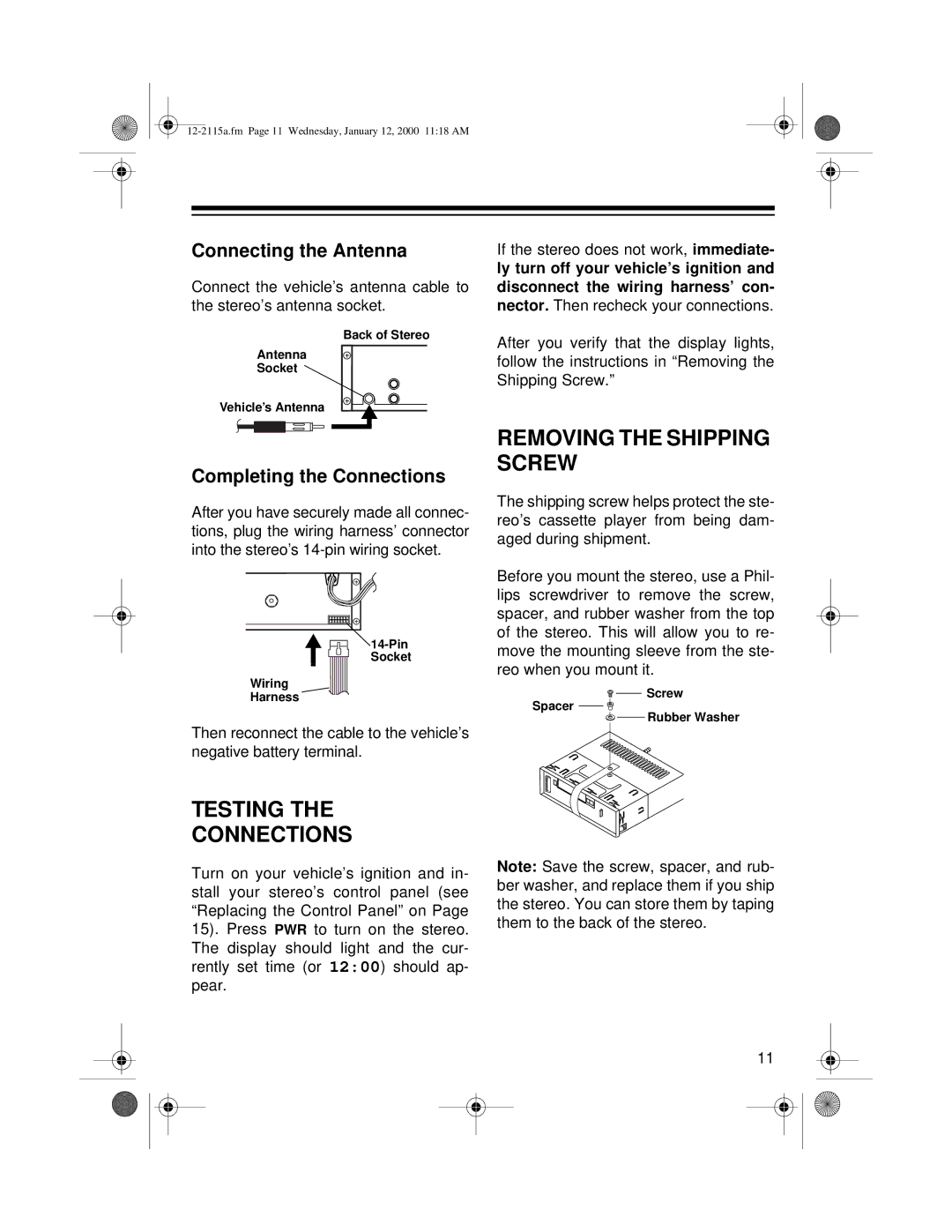 Radio Shack AM/FM Stereo Cassette owner manual Testing Connections, Removing the Shipping Screw, Connecting the Antenna 