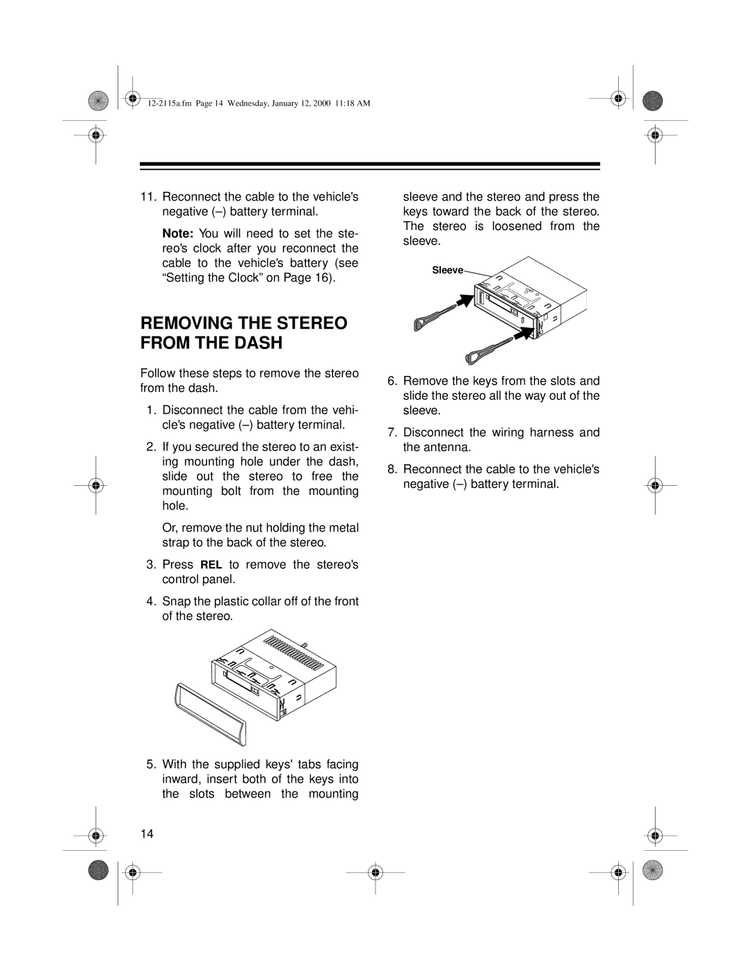 Radio Shack AM/FM Stereo Cassette owner manual Removing the Stereo from the Dash 