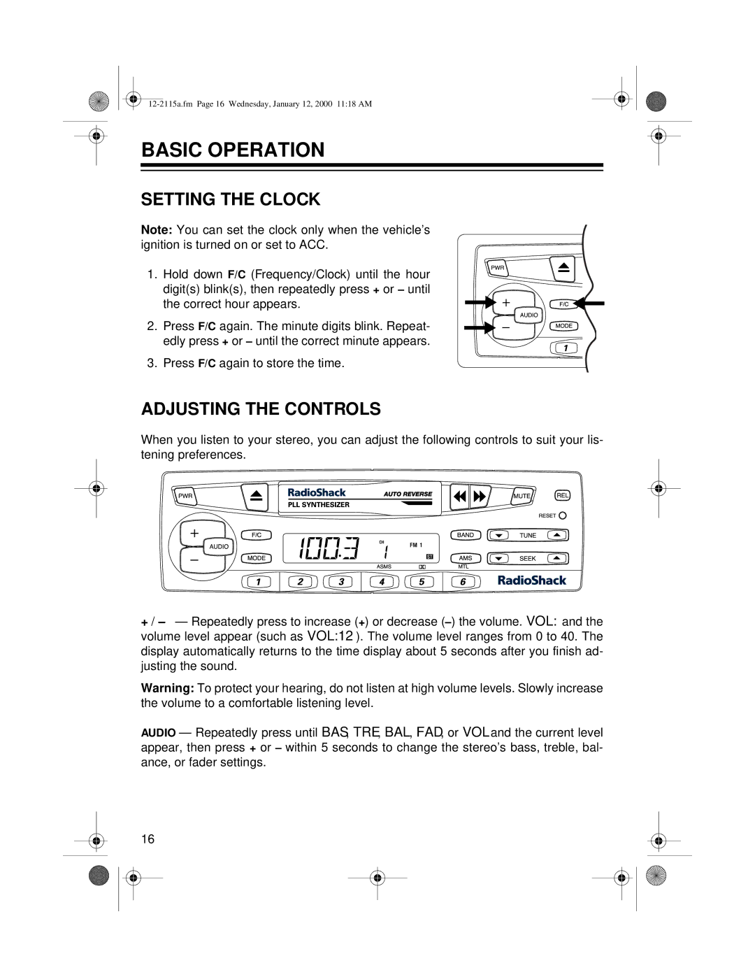 Radio Shack AM/FM Stereo Cassette owner manual Basic Operation, Setting the Clock, Adjusting the Controls 