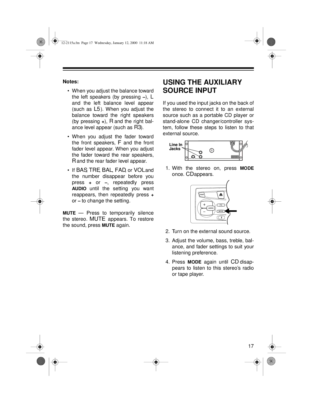 Radio Shack AM/FM Stereo Cassette owner manual Using the Auxiliary Source Input 