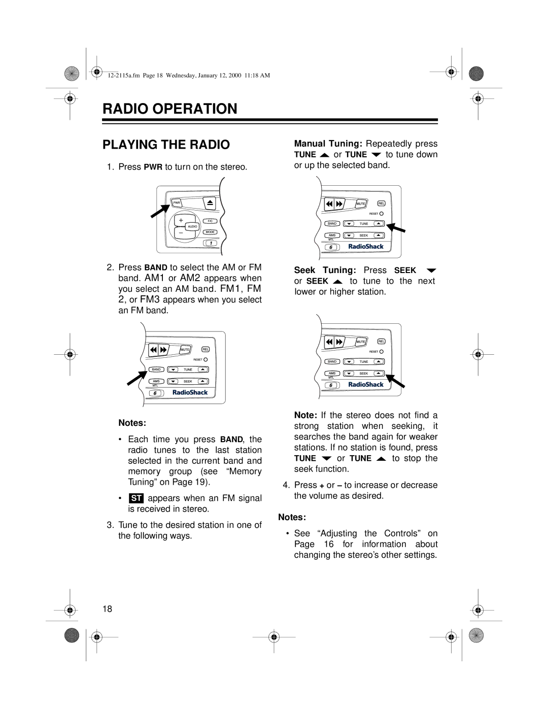 Radio Shack AM/FM Stereo Cassette owner manual Radio Operation, Playing the Radio 