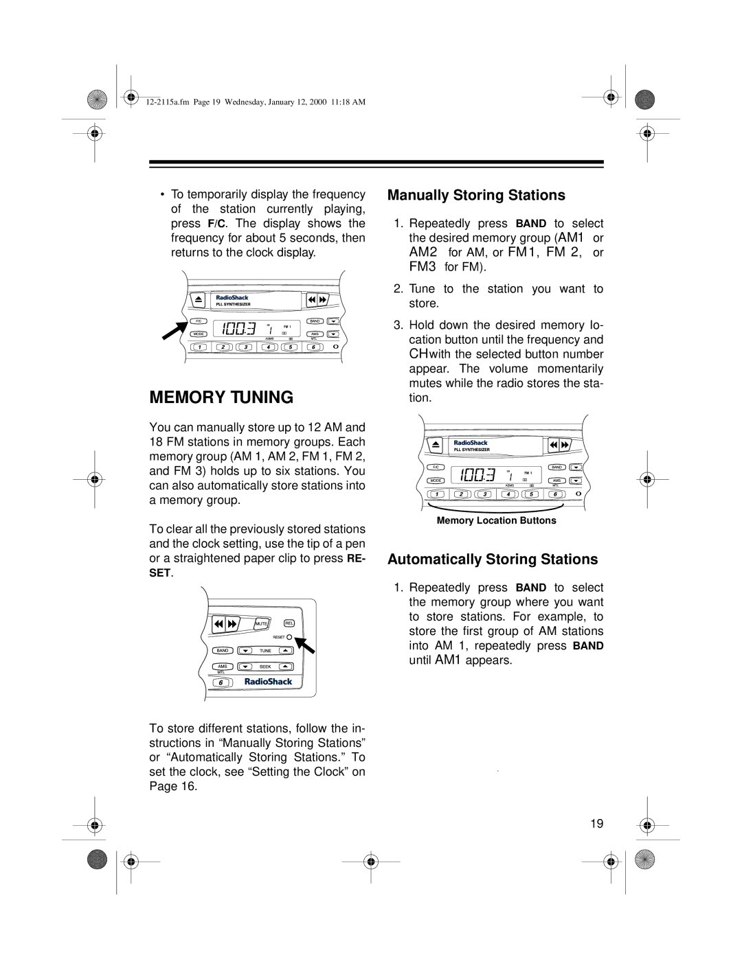 Radio Shack AM/FM Stereo Cassette owner manual Memory Tuning, Manually Storing Stations, Automatically Storing Stations 