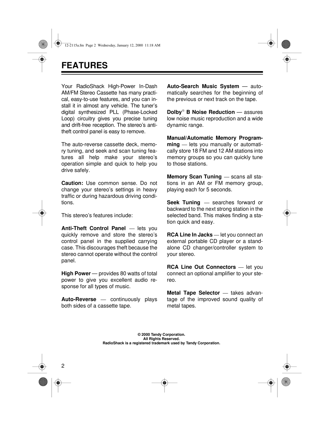 Radio Shack AM/FM Stereo Cassette owner manual Features 