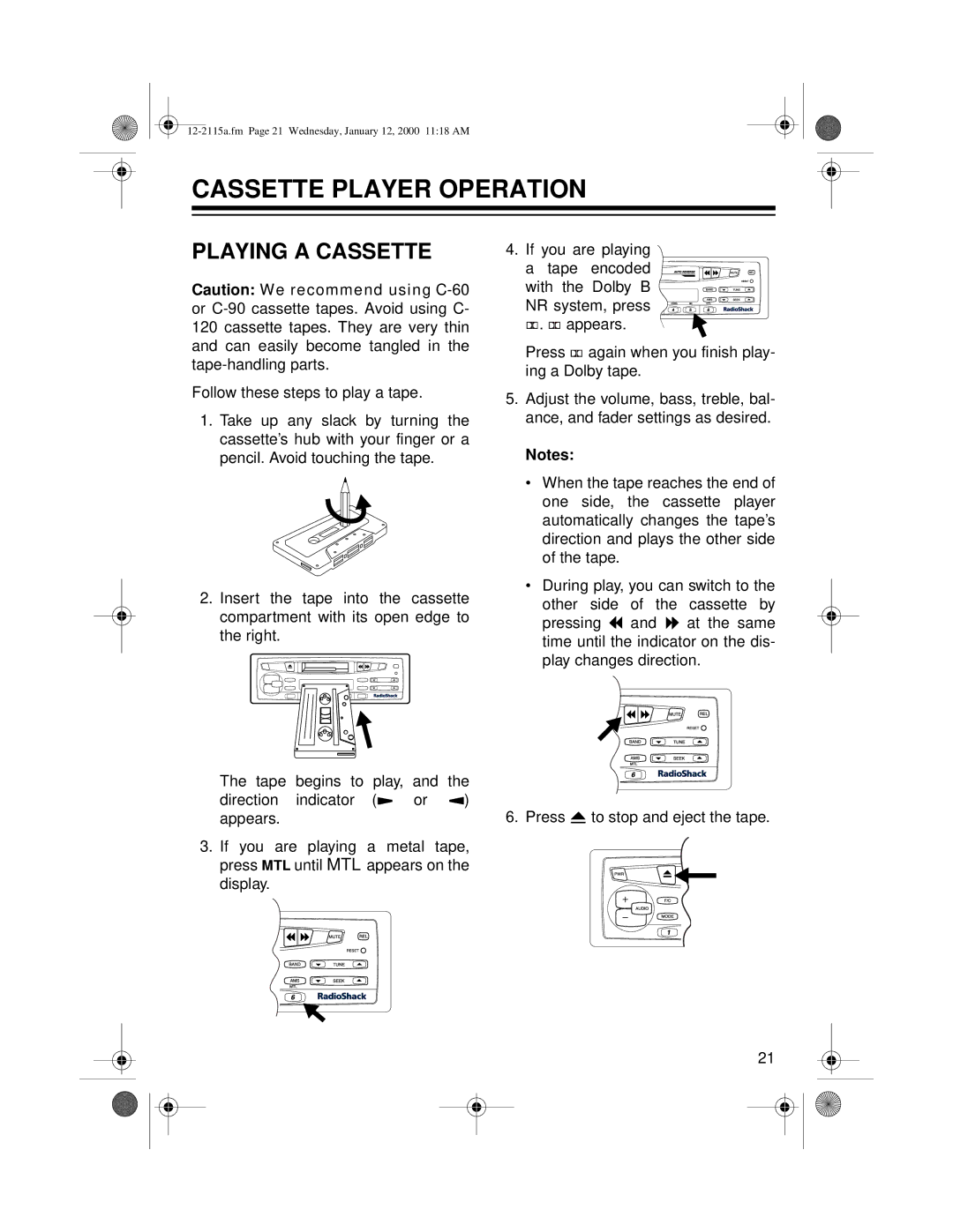 Radio Shack AM/FM Stereo Cassette owner manual Cassette Player Operation, Playing a Cassette 