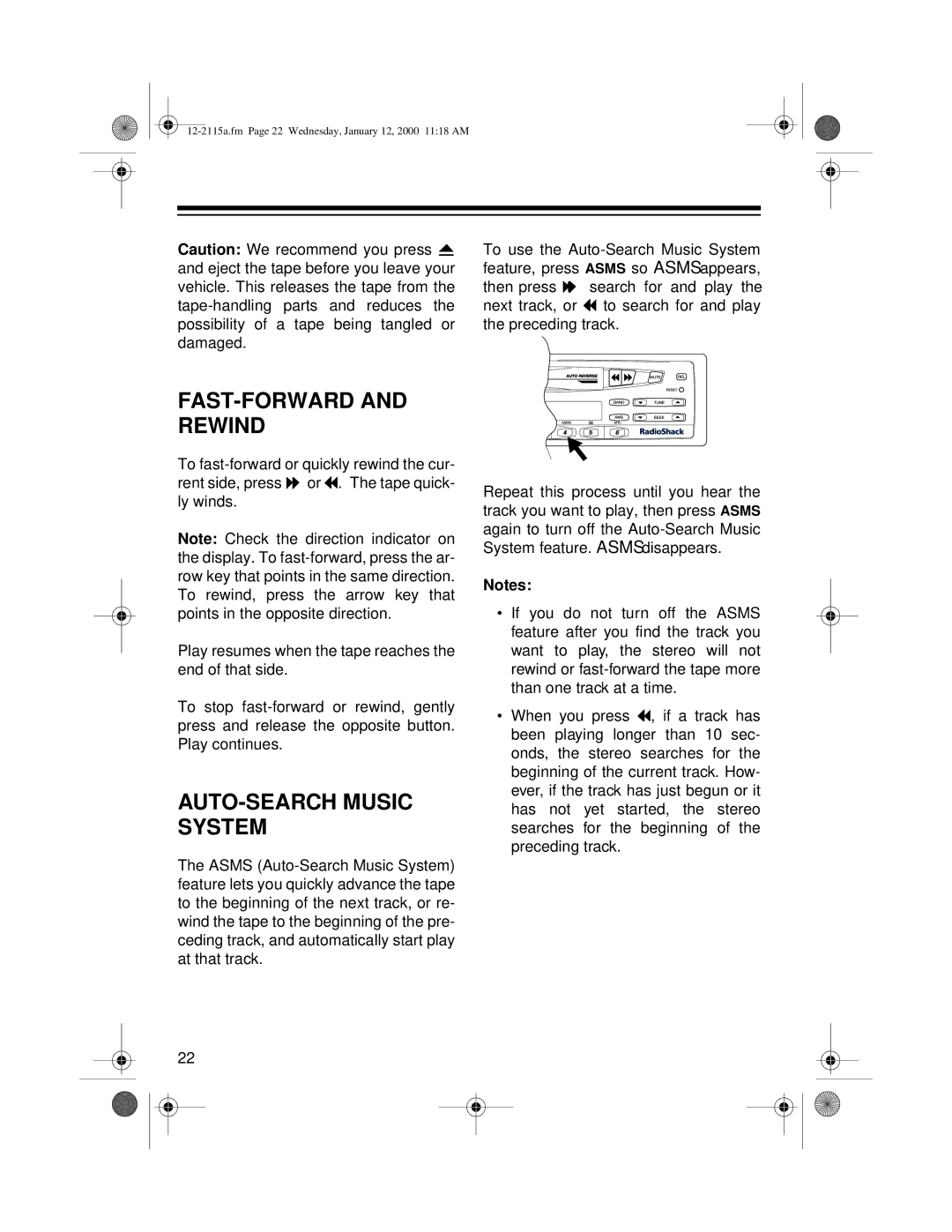 Radio Shack AM/FM Stereo Cassette owner manual FAST-FORWARD and Rewind, AUTO-SEARCH Music System 