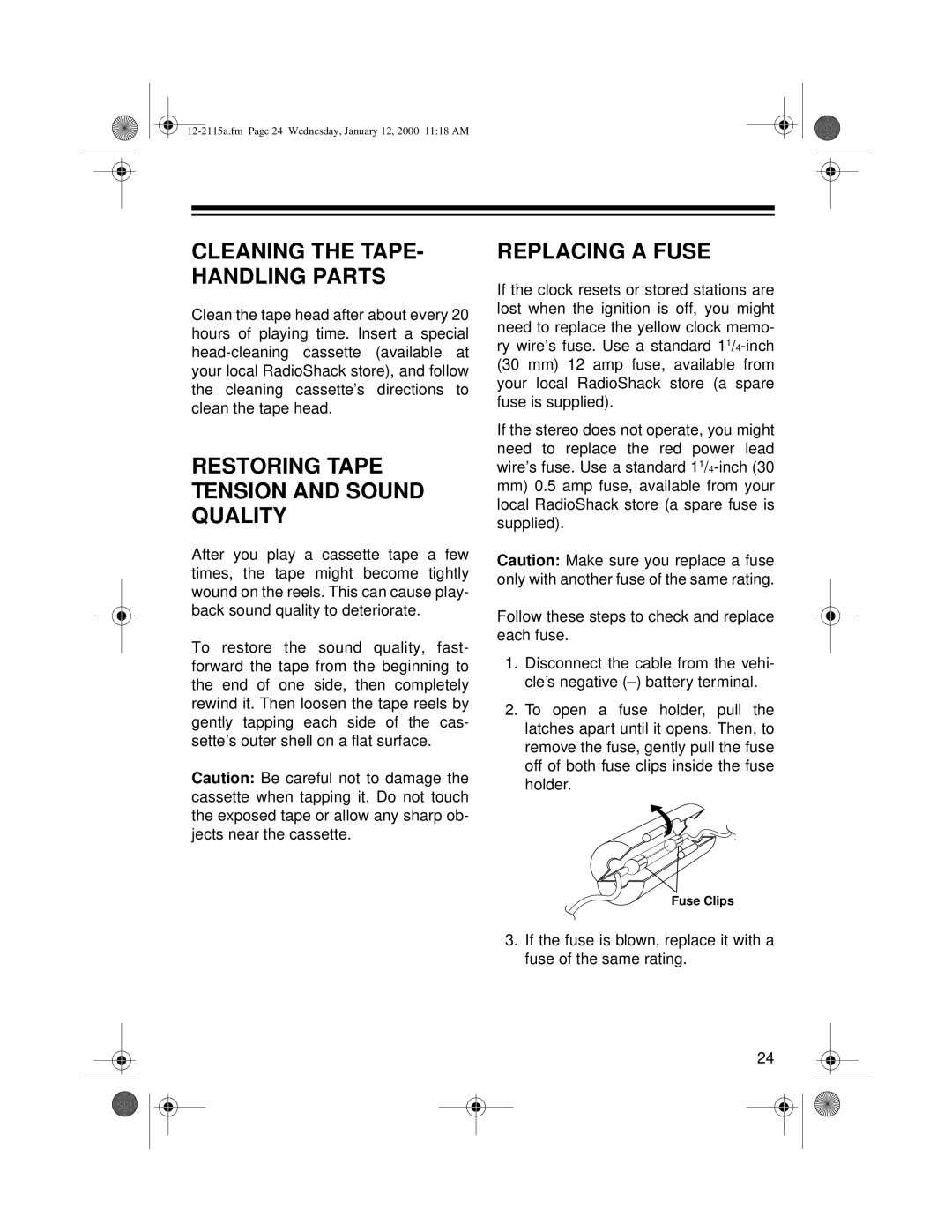 Radio Shack AM/FM Stereo Cassette owner manual Cleaning the TAPE- Handling Parts, Restoring Tape Tension and Sound Quality 