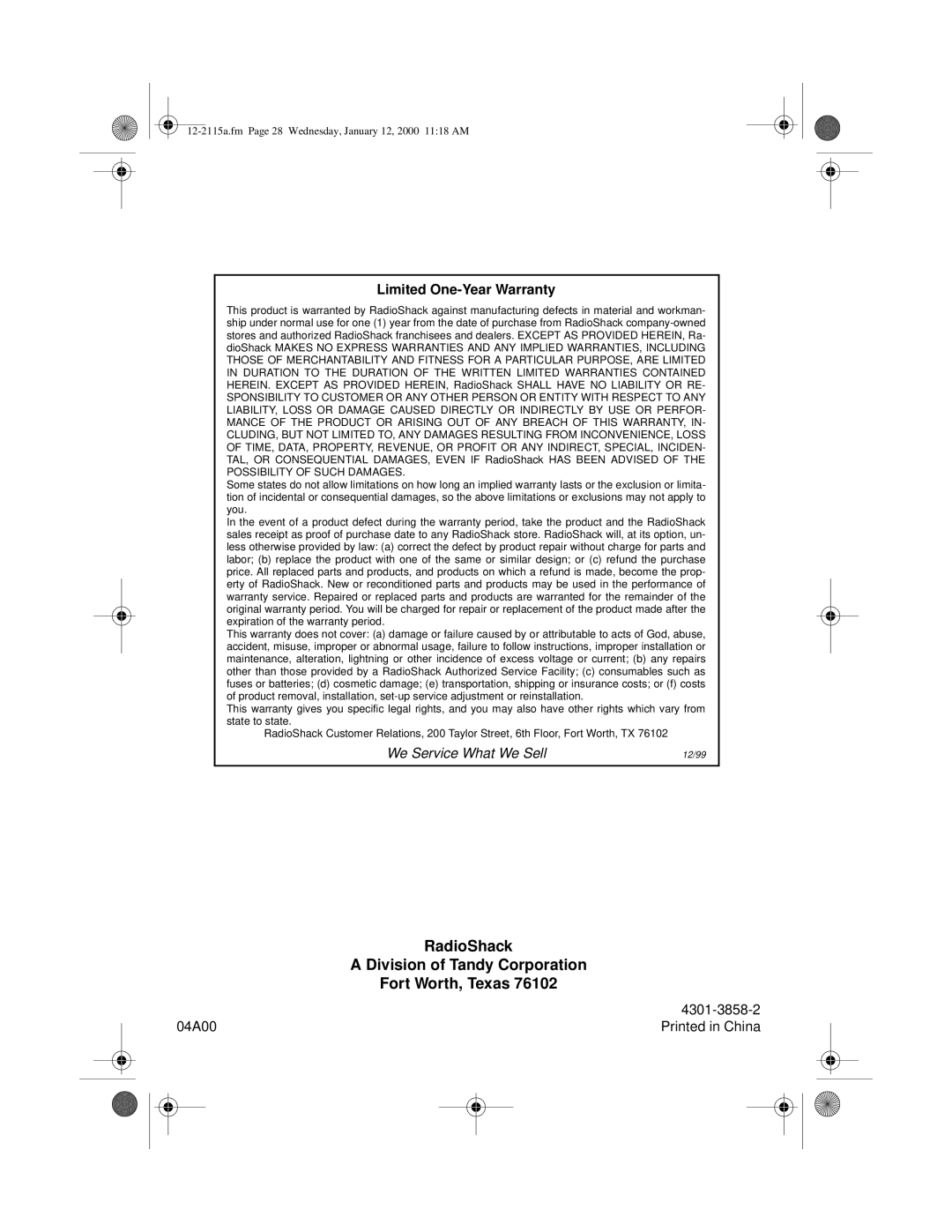 Radio Shack AM/FM Stereo Cassette owner manual RadioShack 