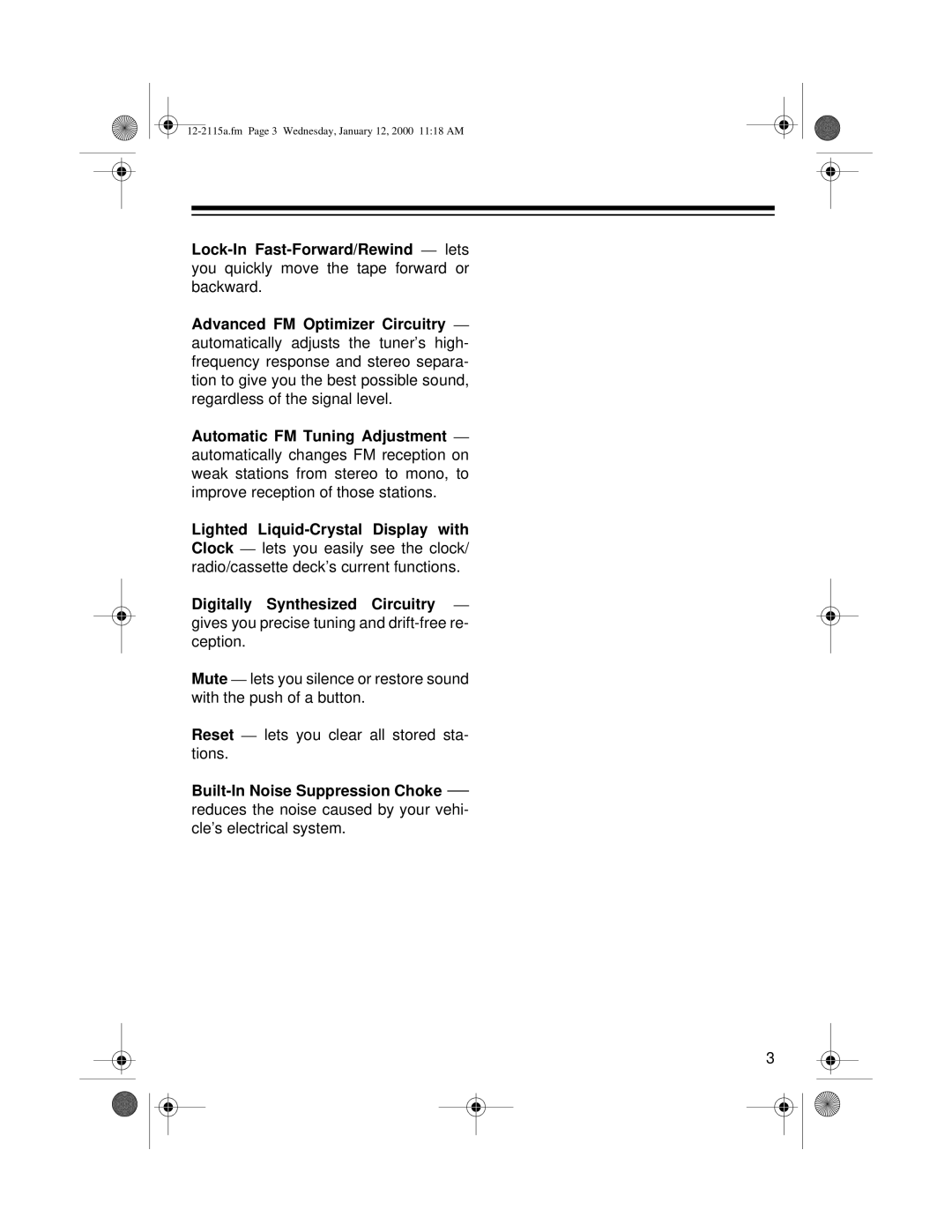 Radio Shack AM/FM Stereo Cassette owner manual Built-In Noise Suppression Choke 