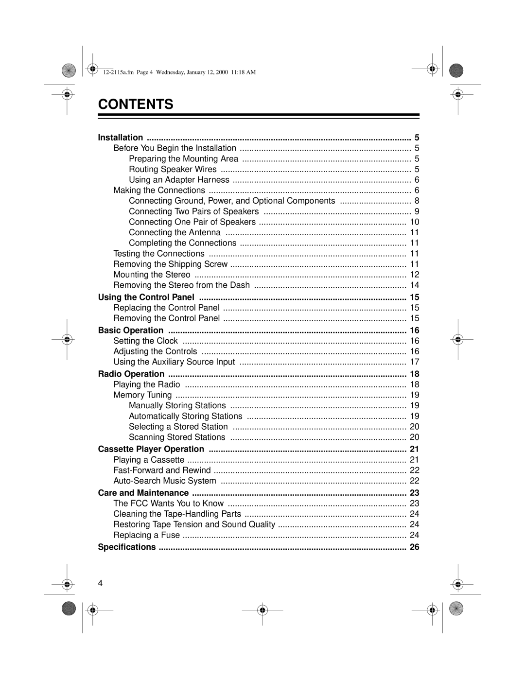 Radio Shack AM/FM Stereo Cassette owner manual Contents 