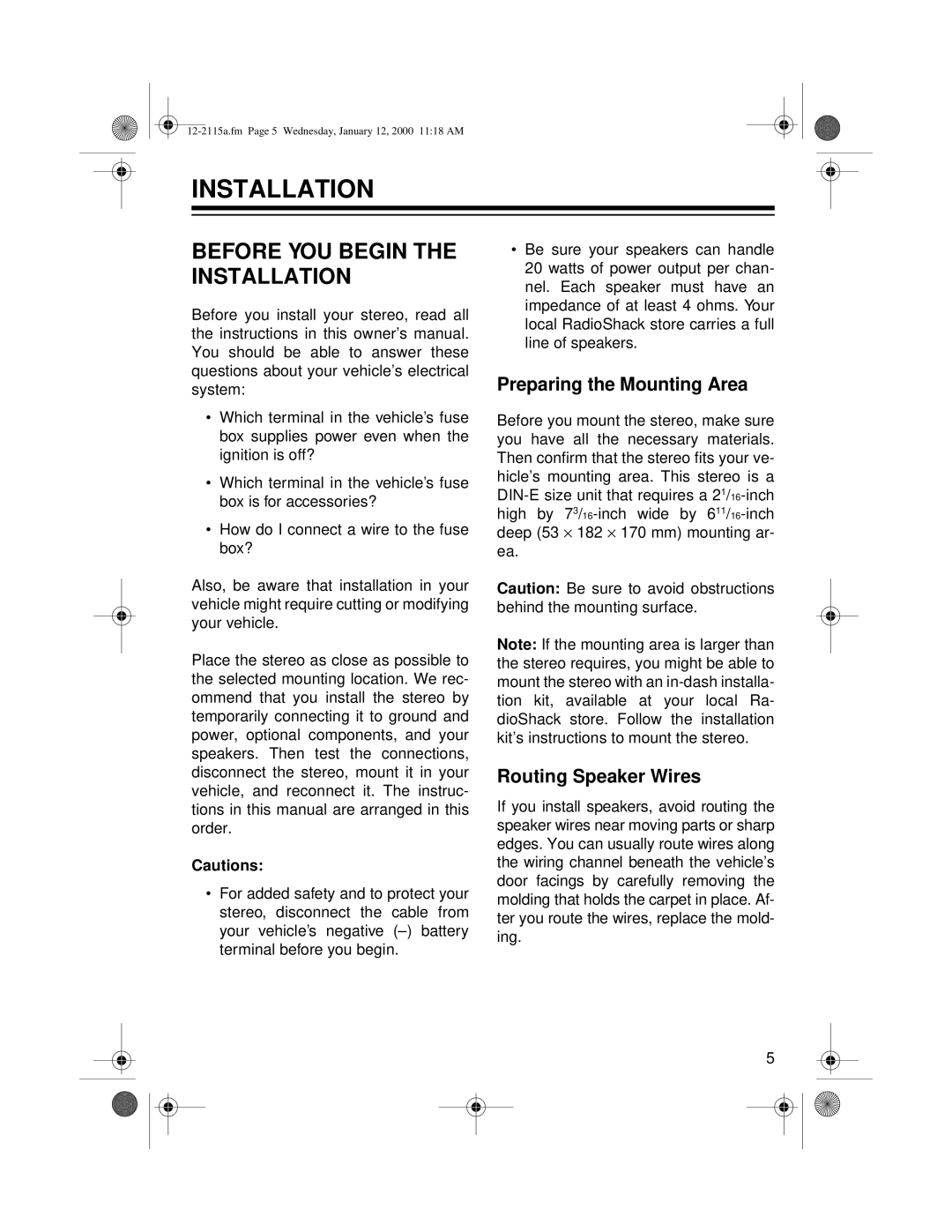 Radio Shack AM/FM Stereo Cassette owner manual Before YOU Begin the Installation, Preparing the Mounting Area 