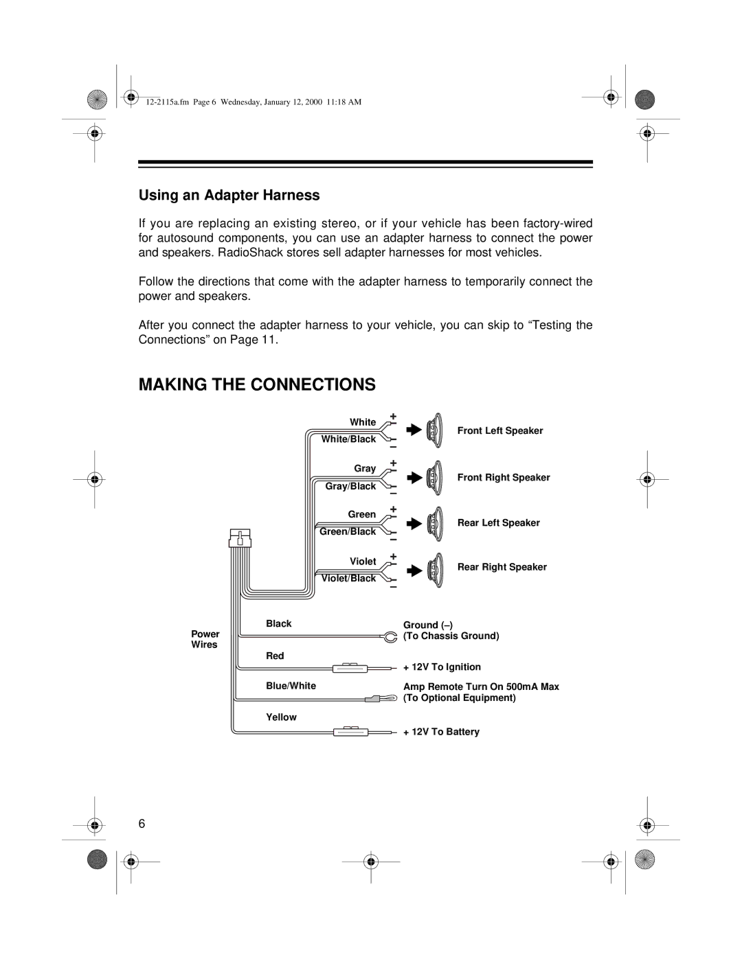 Radio Shack AM/FM Stereo Cassette owner manual Making the Connections, Using an Adapter Harness 