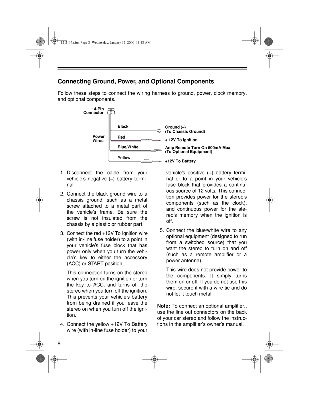 Radio Shack AM/FM Stereo Cassette owner manual Connecting Ground, Power, and Optional Components 