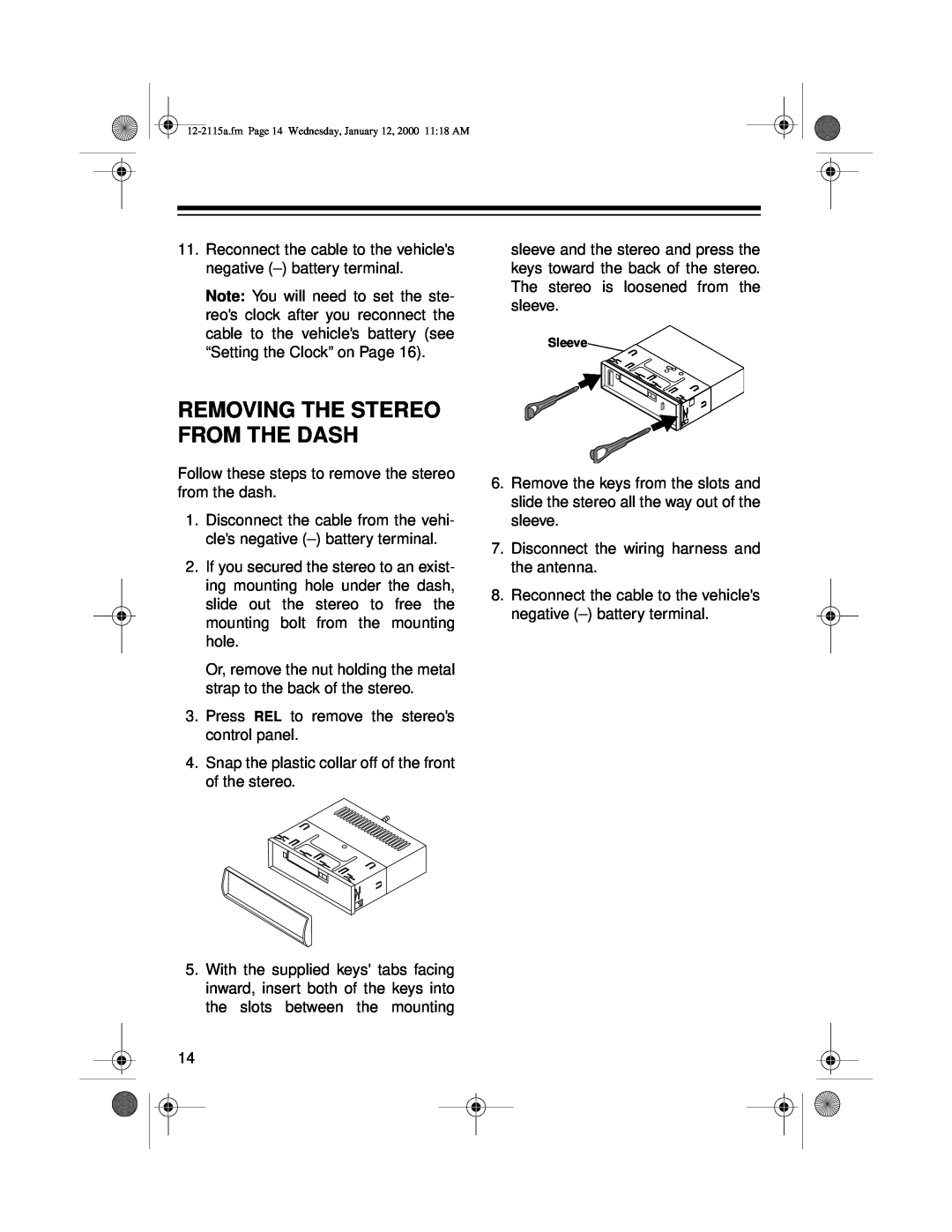 Radio Shack AM/FM Stereo Cassette owner manual Removing The Stereo From The Dash 