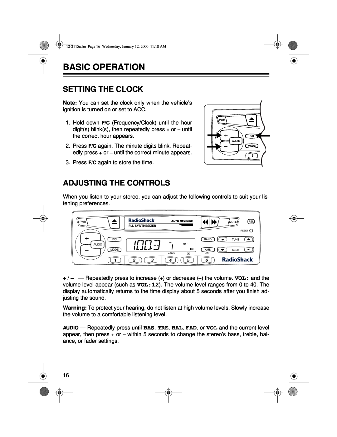Radio Shack AM/FM Stereo Cassette owner manual Basic Operation, Setting The Clock, Adjusting The Controls 