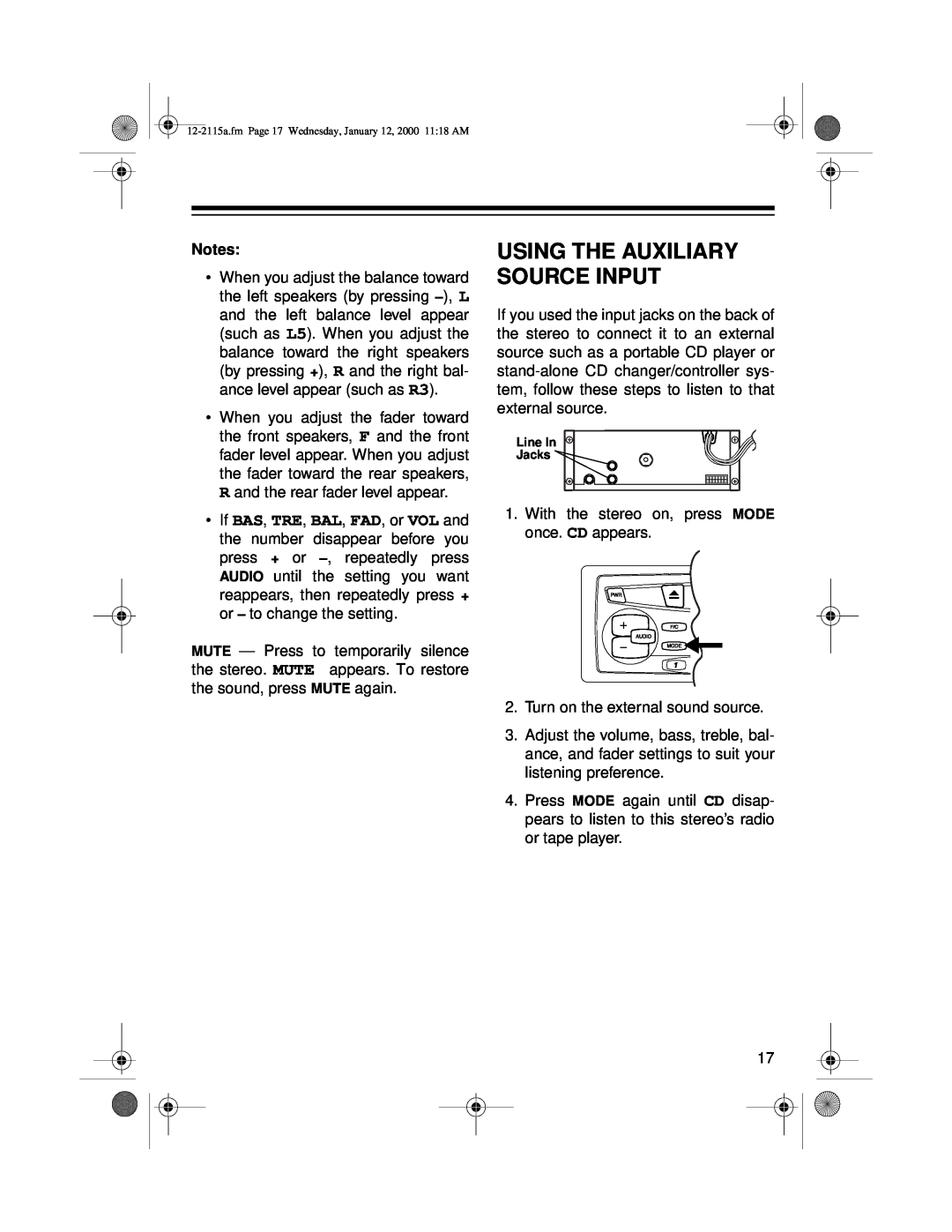 Radio Shack AM/FM Stereo Cassette owner manual Using The Auxiliary Source Input 