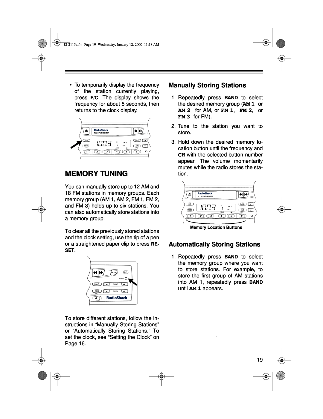 Radio Shack AM/FM Stereo Cassette owner manual Memory Tuning, Manually Storing Stations, Automatically Storing Stations 