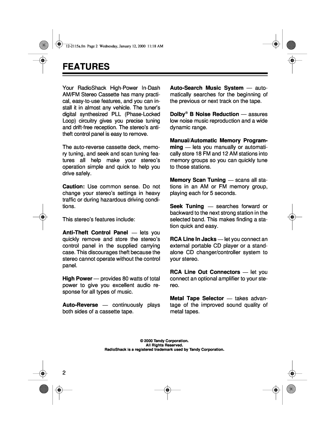 Radio Shack AM/FM Stereo Cassette owner manual Features 