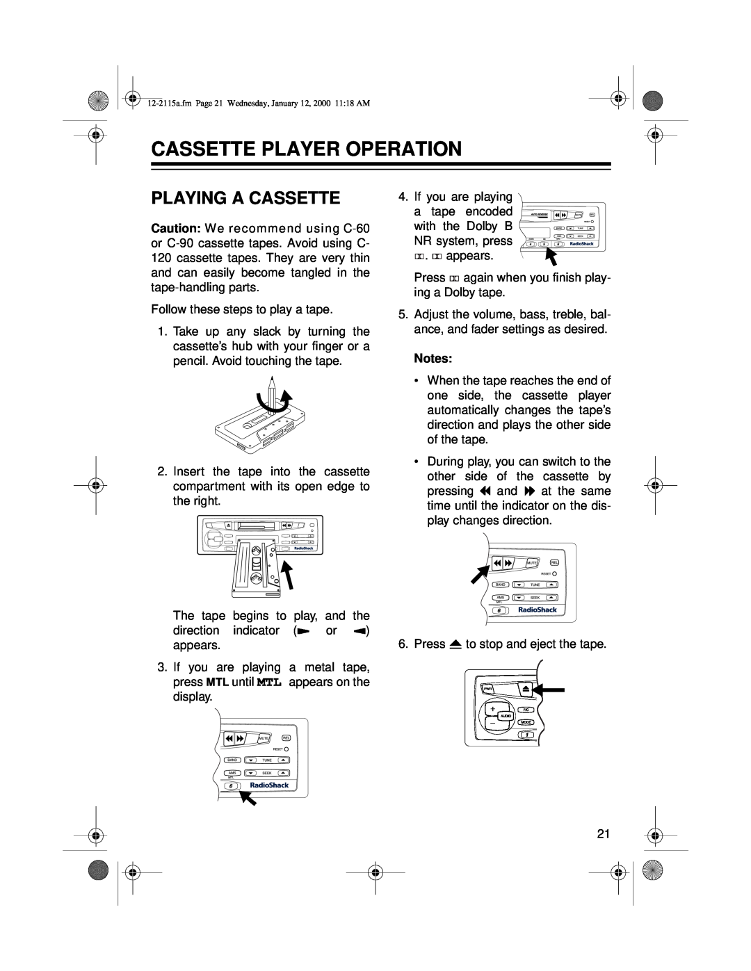 Radio Shack AM/FM Stereo Cassette owner manual Cassette Player Operation, Playing A Cassette 