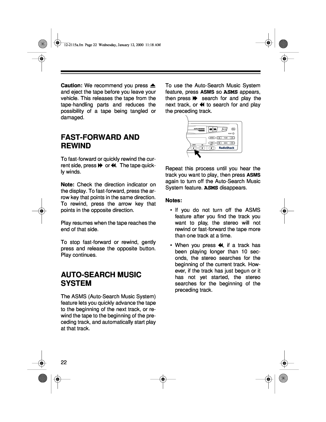 Radio Shack AM/FM Stereo Cassette owner manual Fast-Forwardand Rewind, Auto-Searchmusic System 