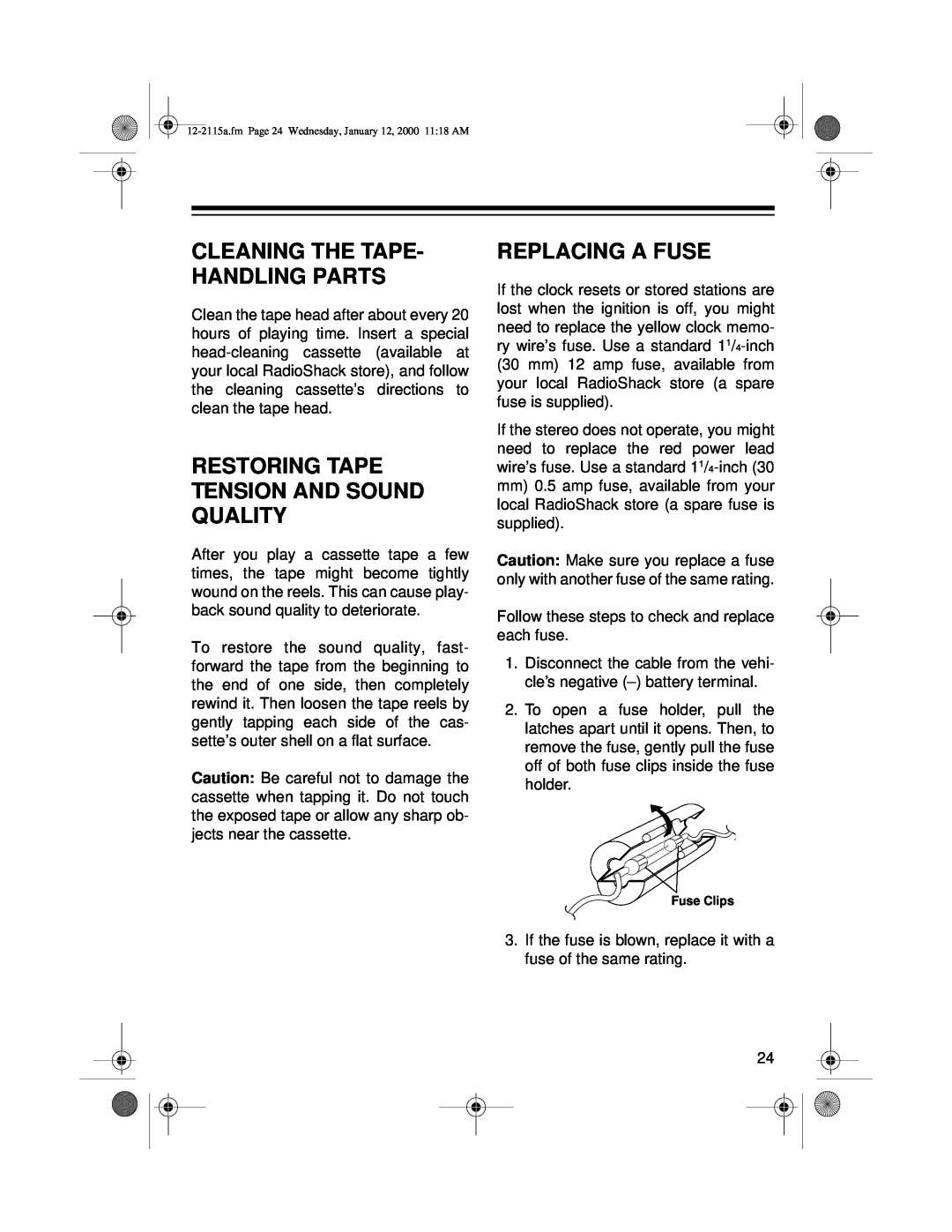 Radio Shack AM/FM Stereo Cassette owner manual Cleaning The Tape- Handling Parts, Restoring Tape Tension And Sound Quality 