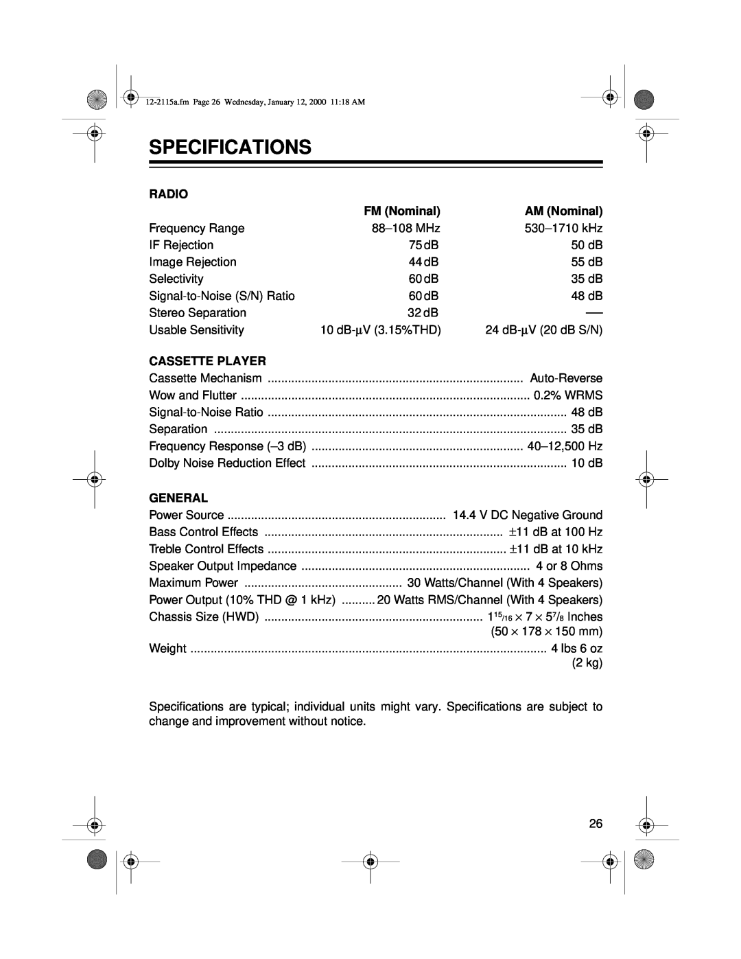 Radio Shack AM/FM Stereo Cassette owner manual Specifications 