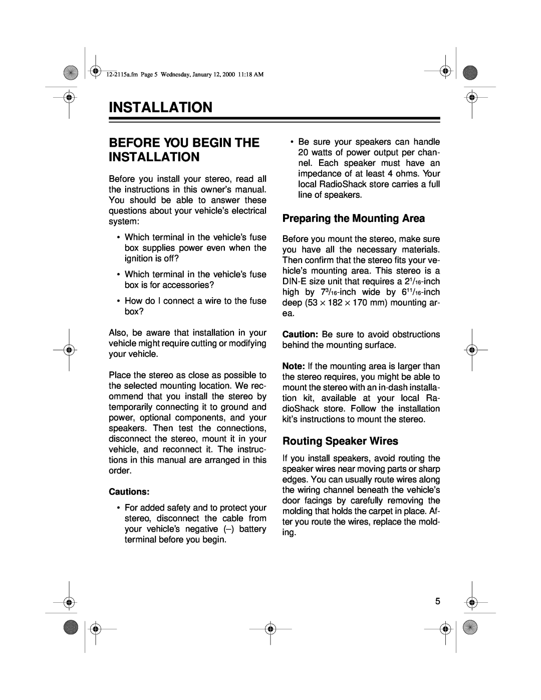 Radio Shack AM/FM Stereo Cassette owner manual Before You Begin The Installation, Preparing the Mounting Area 