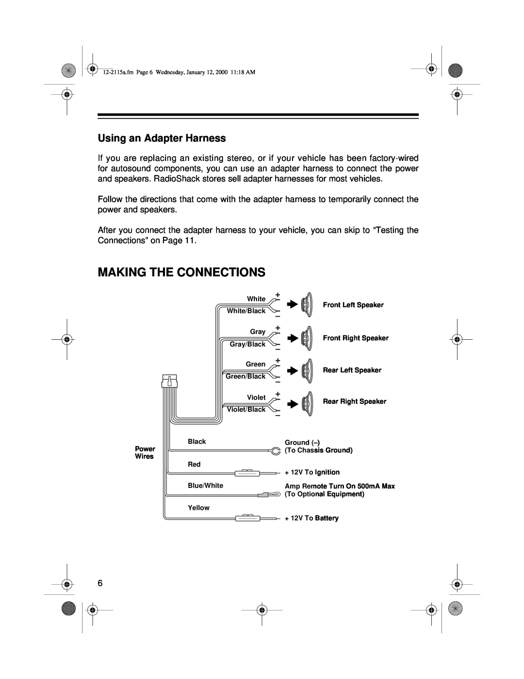 Radio Shack AM/FM Stereo Cassette owner manual Making The Connections, Using an Adapter Harness 