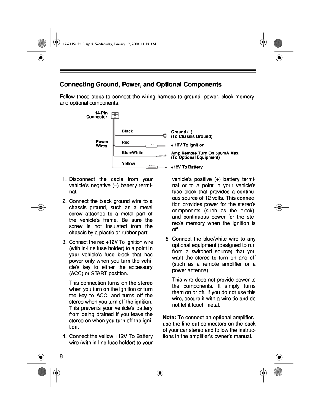 Radio Shack AM/FM Stereo Cassette owner manual Connecting Ground, Power, and Optional Components 