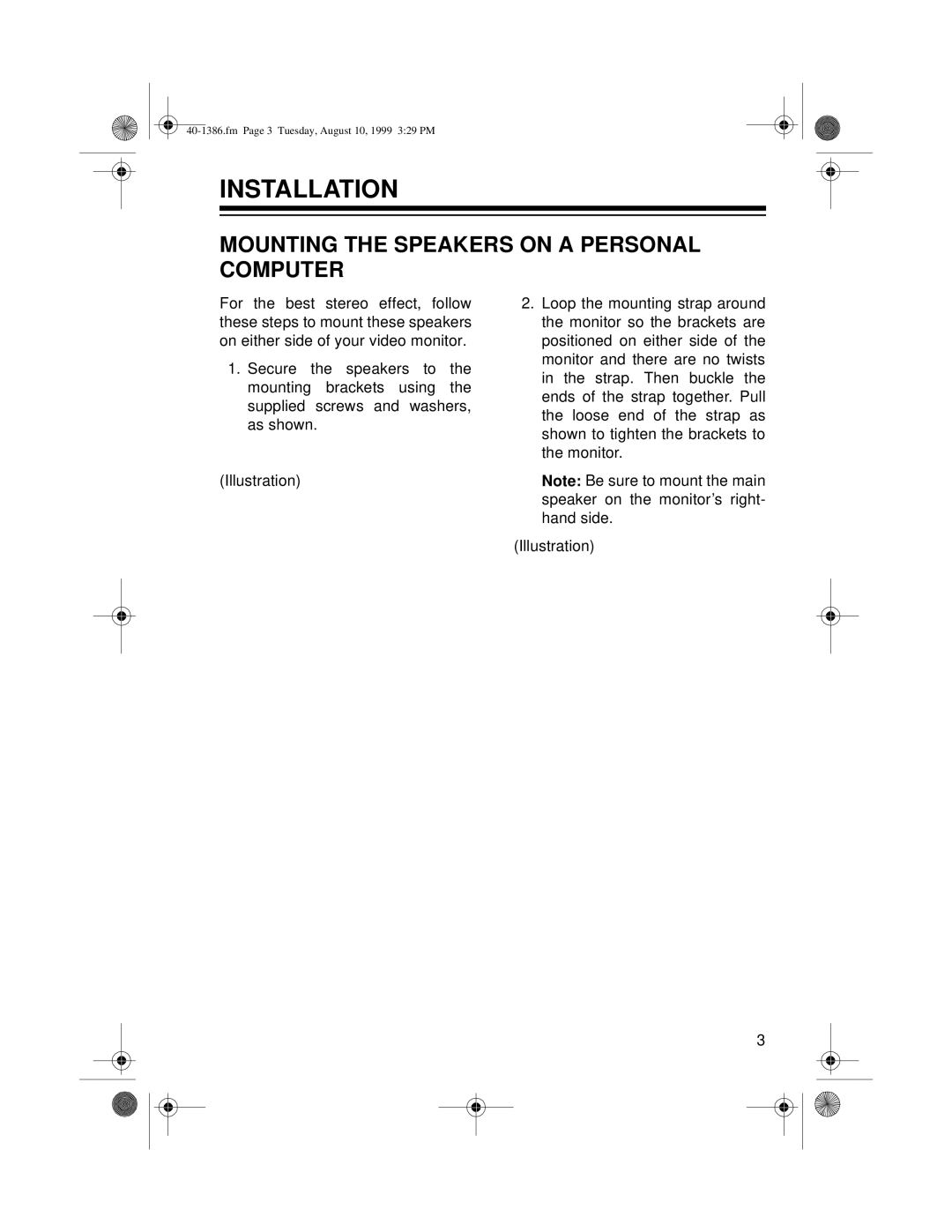 Radio Shack AMX-14 owner manual Installation, Mounting the Speakers on a Personal Computer 