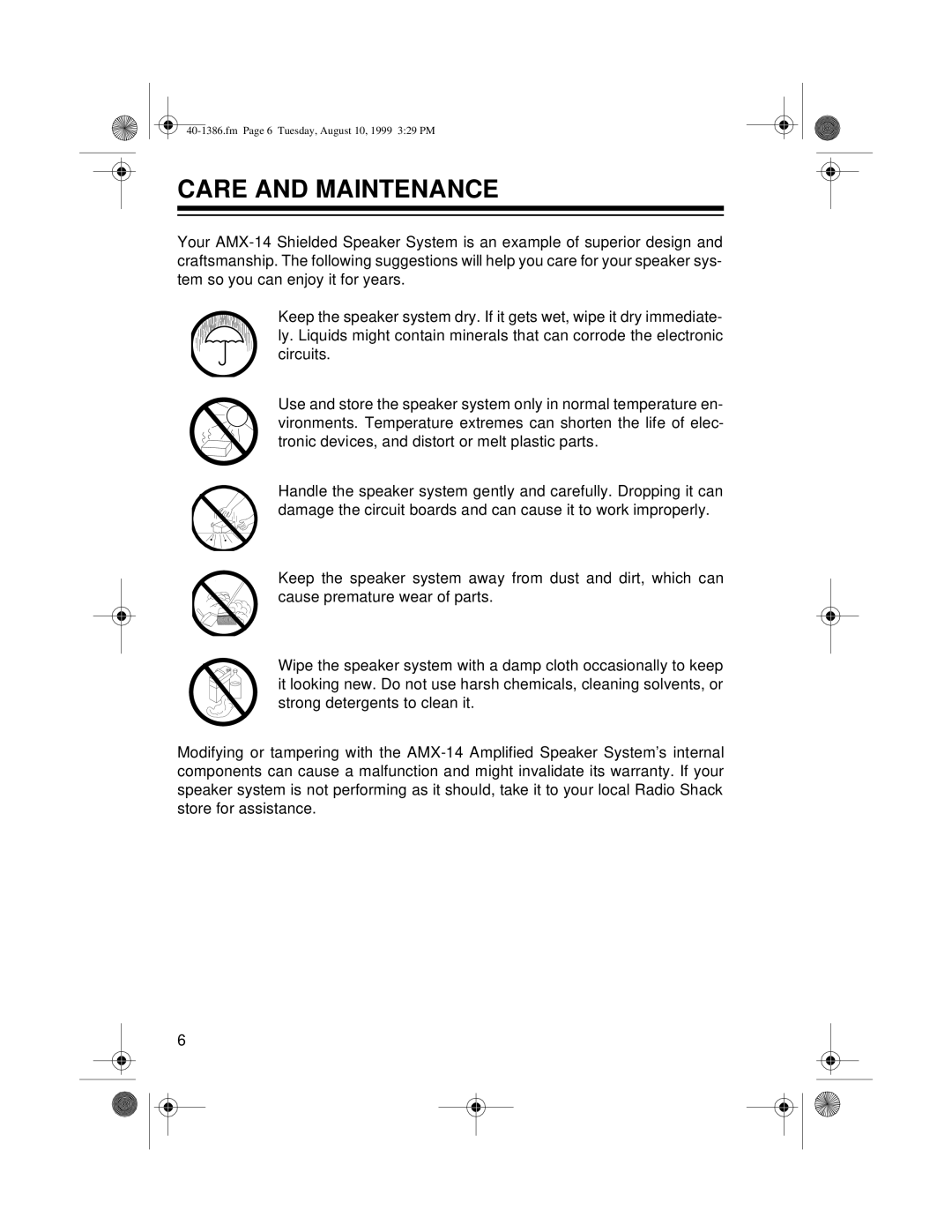 Radio Shack AMX-14 owner manual Care and Maintenance 