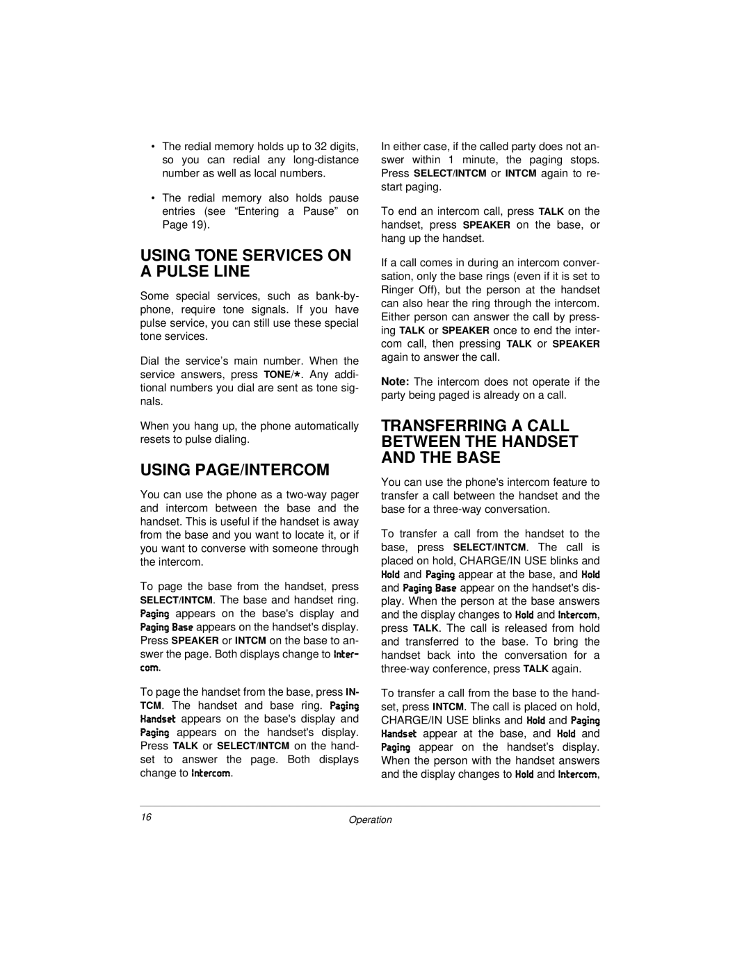 Radio Shack Dual Keypad, and Speakerphone owner manual Using Tone Services on a Pulse Line, Using PAGE/INTERCOM, Yec 