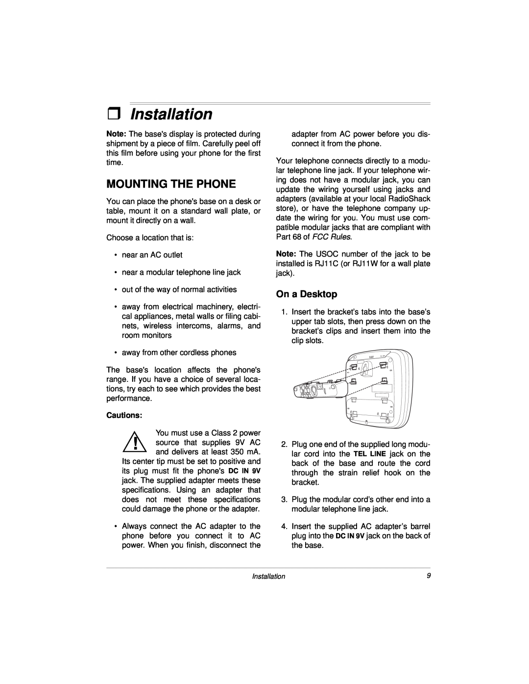Radio Shack and Speakerphone, Dual Keypad owner manual ˆ Installation, Mounting The Phone, On a Desktop 