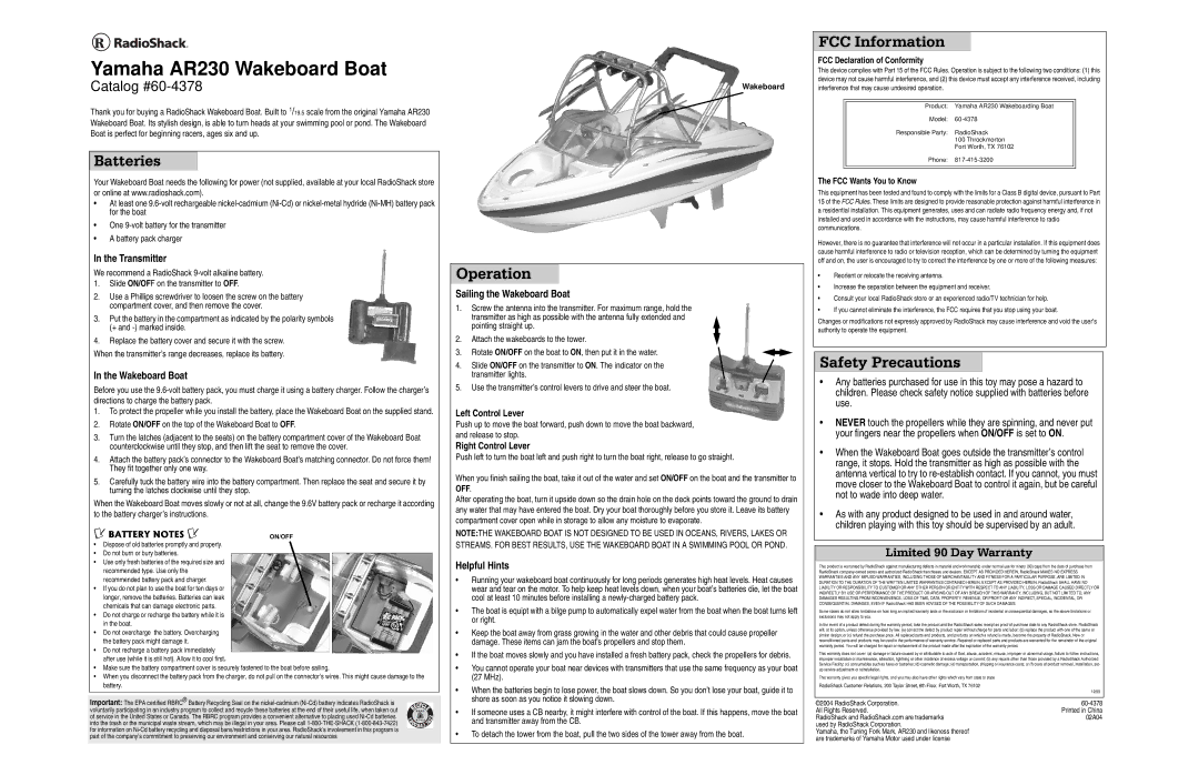 Radio Shack AR230 warranty Batteries, Operation, FCC Information, Safety Precautions 