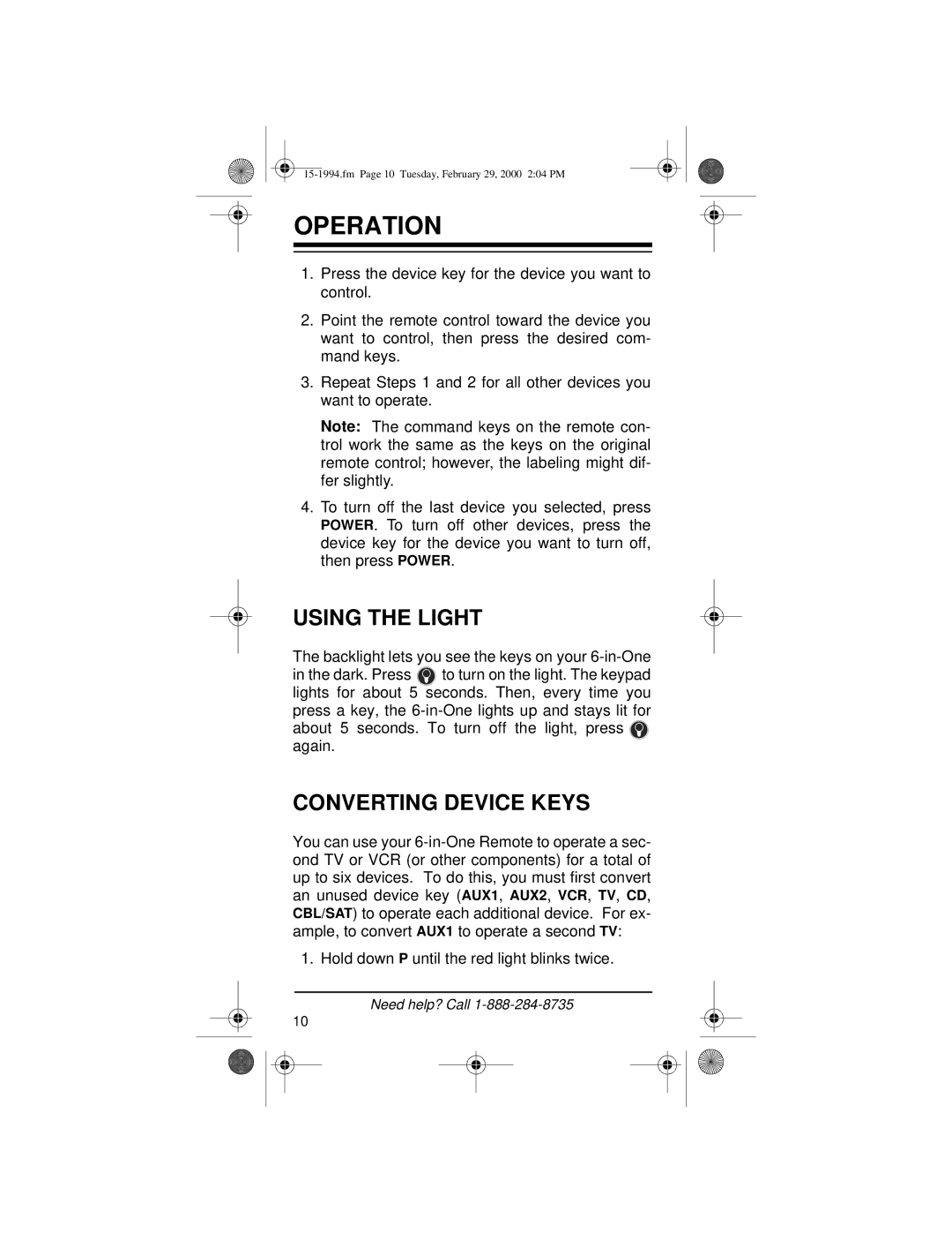 Radio Shack Audio/ Video Remote Control owner manual Operation, Using the Light, Converting Device Keys 