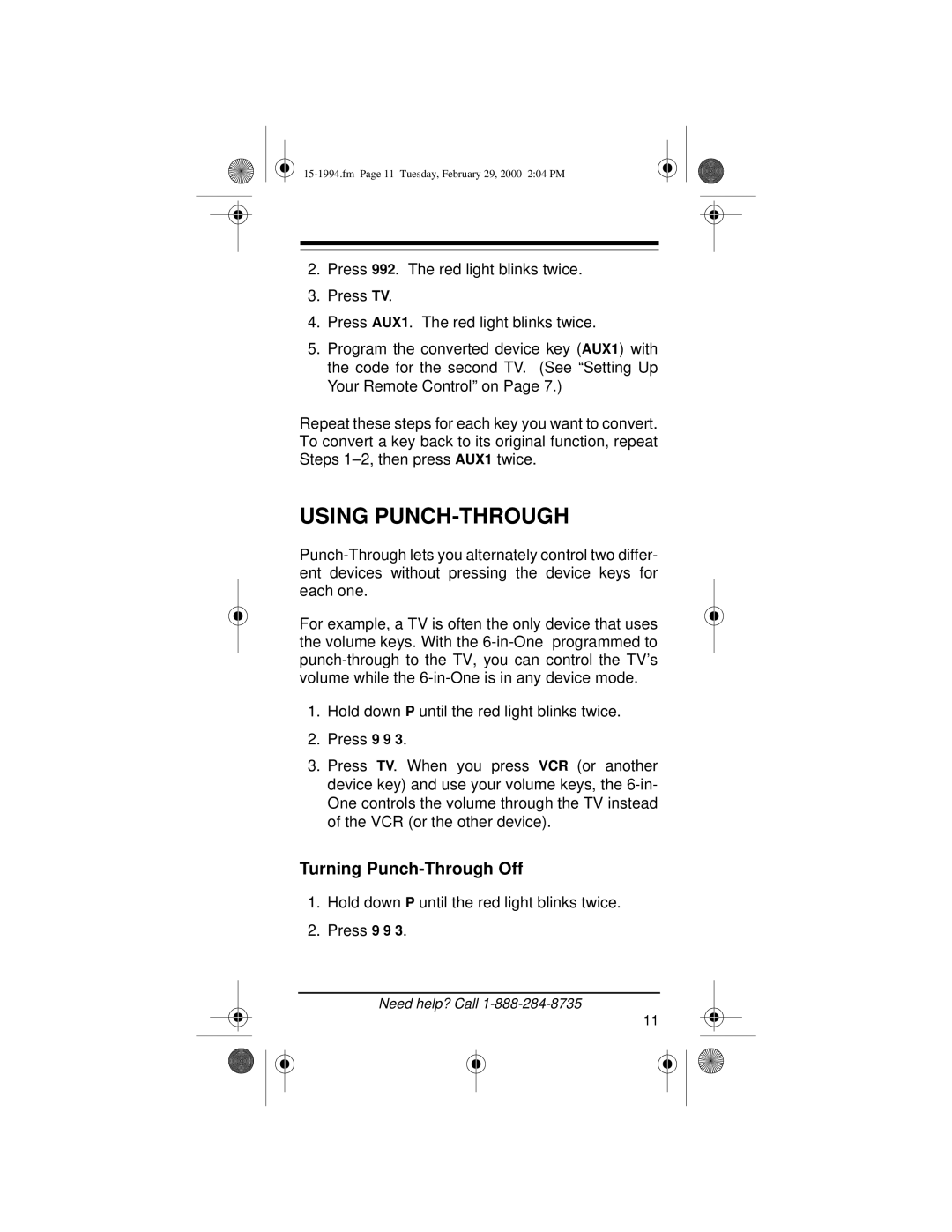 Radio Shack Audio/ Video Remote Control owner manual Using PUNCH-THROUGH, Turning Punch-Through Off 