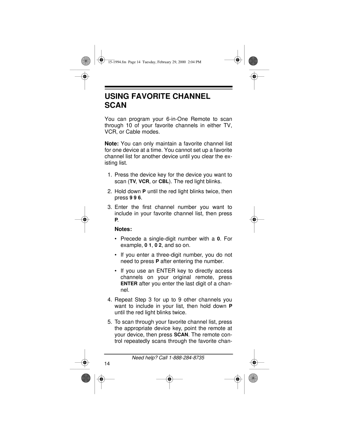 Radio Shack Audio/ Video Remote Control owner manual Using Favorite Channel Scan 