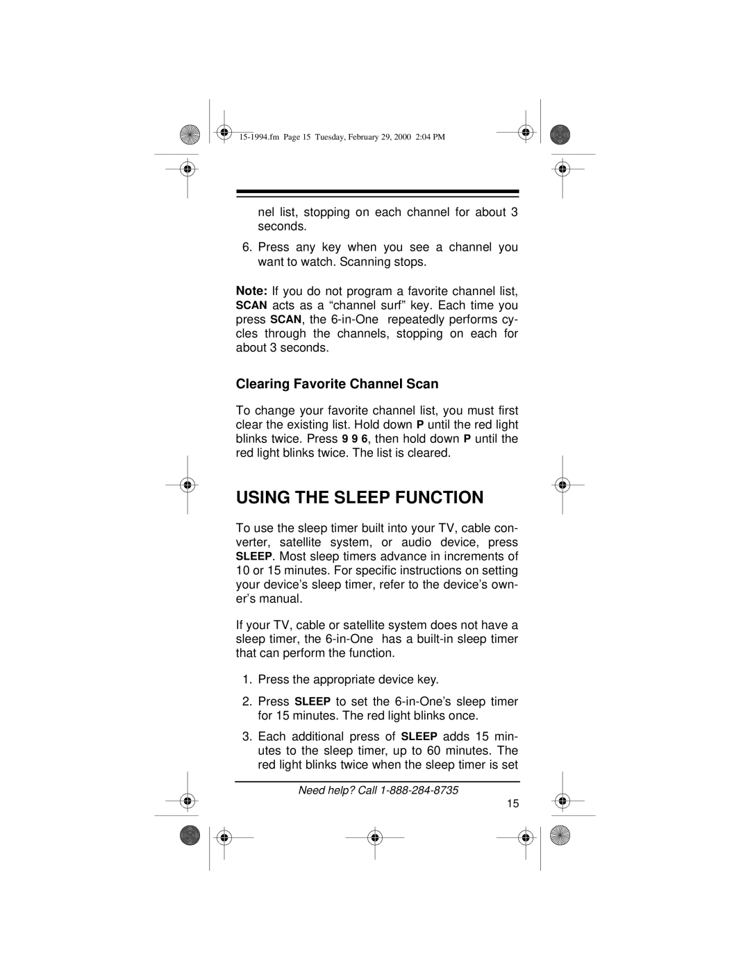 Radio Shack Audio/ Video Remote Control owner manual Using the Sleep Function, Clearing Favorite Channel Scan 