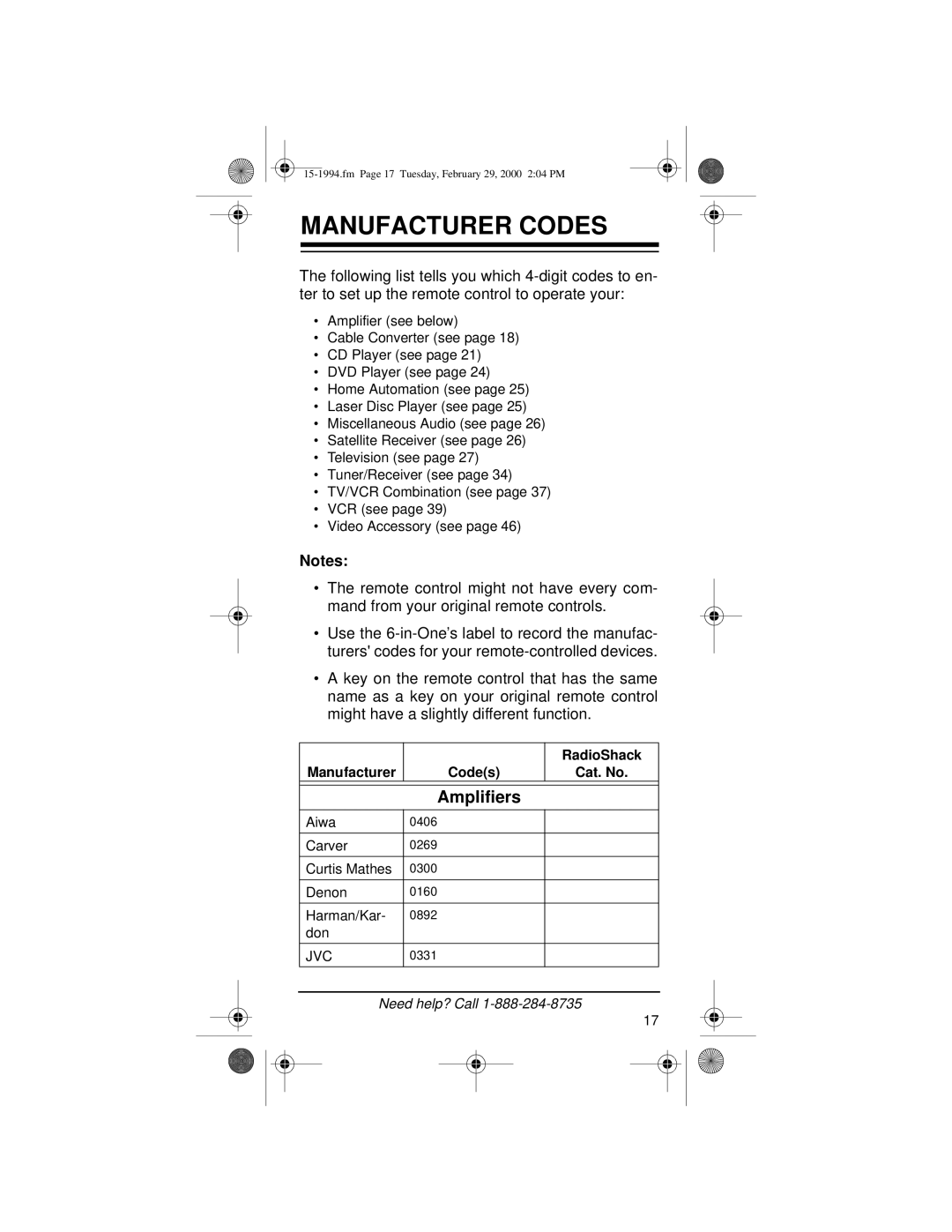 Radio Shack Audio/ Video Remote Control owner manual Manufacturer Codes, Amplifiers, Jvc 