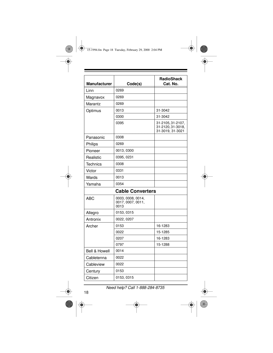 Radio Shack Audio/ Video Remote Control owner manual Cable Converters, Abc 