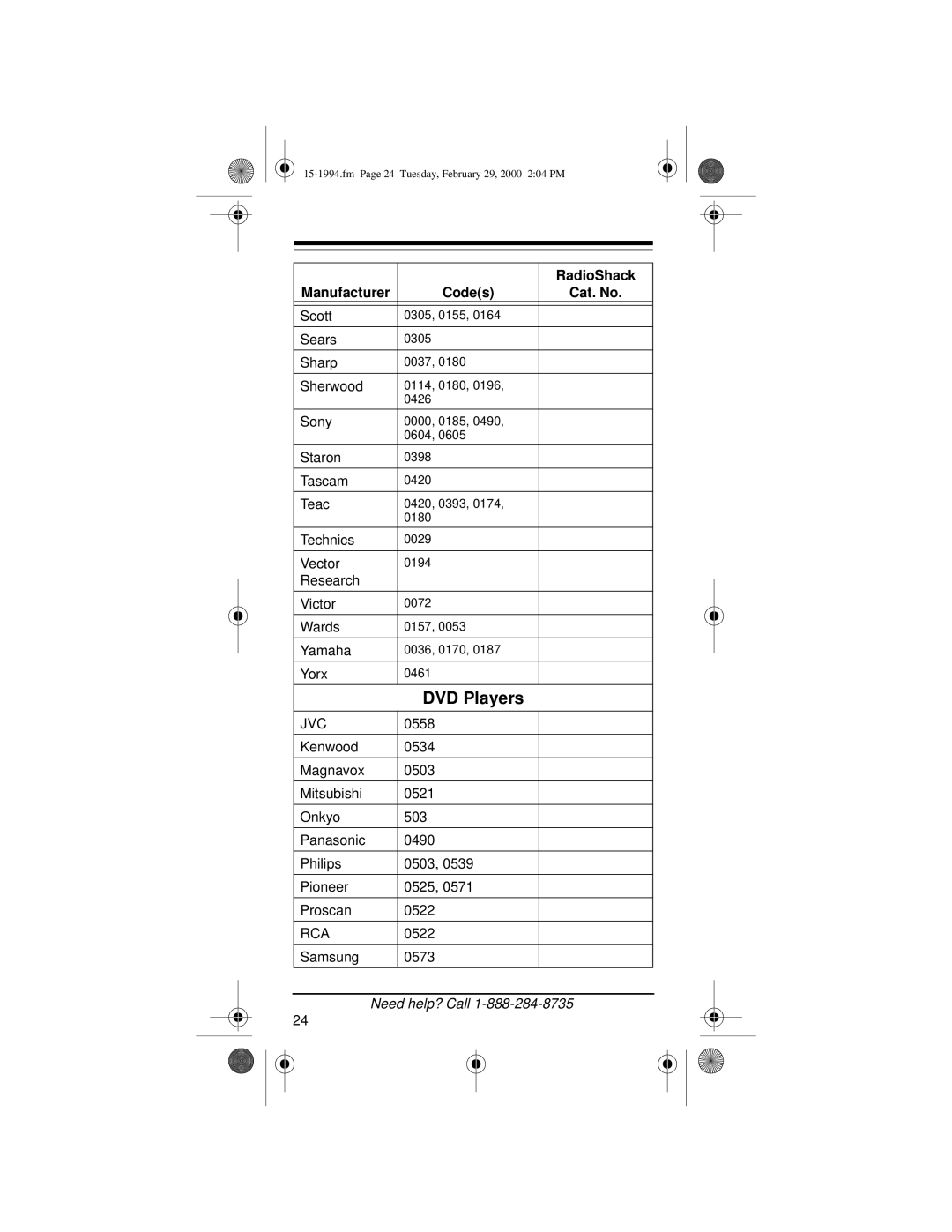 Radio Shack Audio/ Video Remote Control owner manual DVD Players 