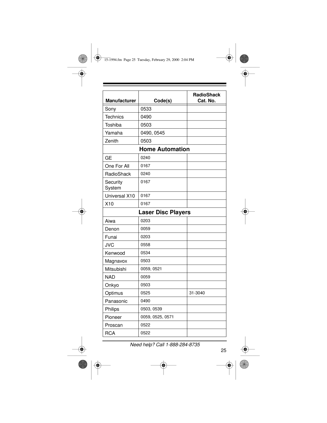 Radio Shack Audio/ Video Remote Control owner manual Home Automation, Laser Disc Players, Nad 