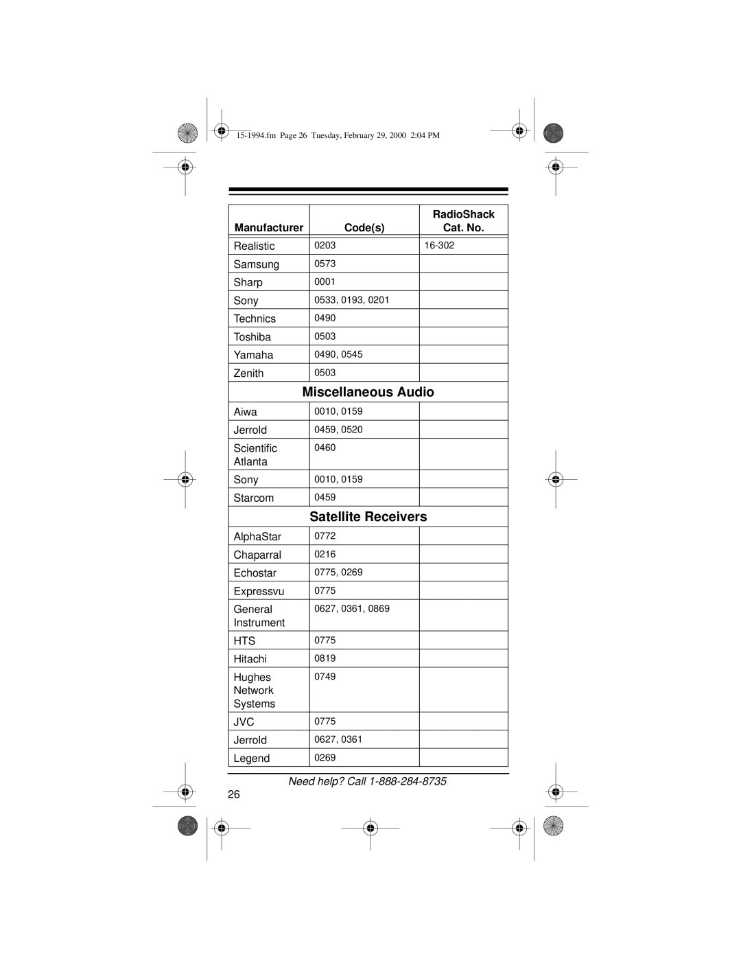 Radio Shack Audio/ Video Remote Control owner manual Satellite Receivers, Hts 